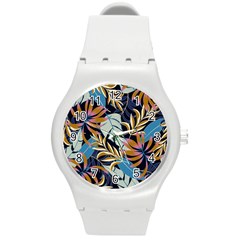 Original Seamless Tropical Pattern With Bright Blue Pink Flowers Round Plastic Sport Watch (m) by Wegoenart