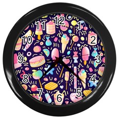 Cute Seamless Pattern With Colorful Sweets Cakes Lollipops Wall Clock (black) by Wegoenart