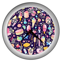 Cute Seamless Pattern With Colorful Sweets Cakes Lollipops Wall Clock (silver) by Wegoenart