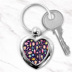 Cute Seamless Pattern With Colorful Sweets Cakes Lollipops Key Chain (heart) by Wegoenart