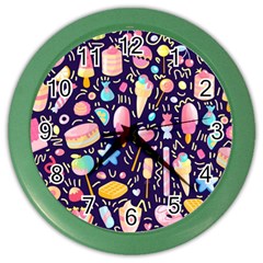 Cute Seamless Pattern With Colorful Sweets Cakes Lollipops Color Wall Clock by Wegoenart