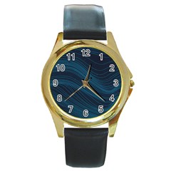 Abstract Glowing Blue Wave Lines Pattern With Particles Elements Dark Background Round Gold Metal Watch by Wegoenart