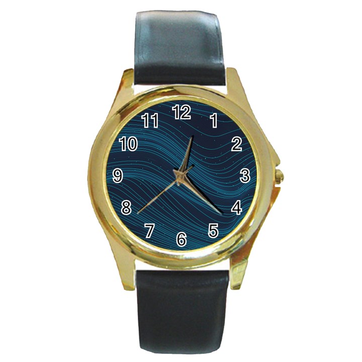 Abstract Glowing Blue Wave Lines Pattern With Particles Elements Dark Background Round Gold Metal Watch