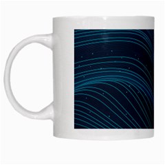 Abstract Glowing Blue Wave Lines Pattern With Particles Elements Dark Background White Mugs by Wegoenart