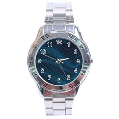 Abstract Glowing Blue Wave Lines Pattern With Particles Elements Dark Background Stainless Steel Analogue Watch by Wegoenart