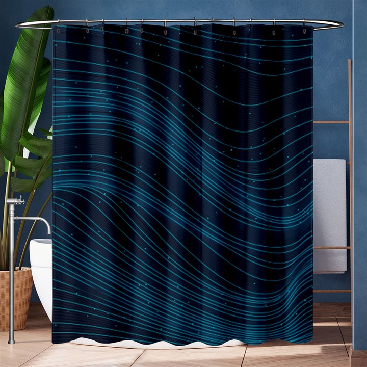 Abstract Glowing Blue Wave Lines Pattern With Particles Elements Dark Background Shower Curtain 60  x 72  (Medium) 