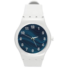 Abstract Glowing Blue Wave Lines Pattern With Particles Elements Dark Background Round Plastic Sport Watch (m) by Wegoenart