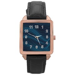 Abstract Glowing Blue Wave Lines Pattern With Particles Elements Dark Background Rose Gold Leather Watch  by Wegoenart