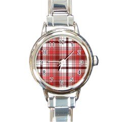 Red Abstract Check Textile Seamless Pattern Round Italian Charm Watch by Wegoenart