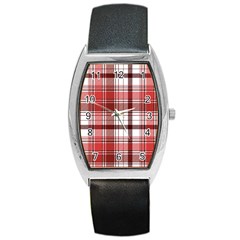 Red Abstract Check Textile Seamless Pattern Barrel Style Metal Watch by Wegoenart