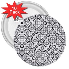 Black And White Baroque Ornate Print Pattern 3  Buttons (10 pack) 