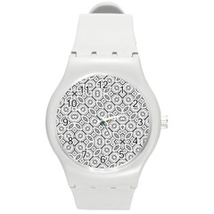 Black And White Baroque Ornate Print Pattern Round Plastic Sport Watch (M)