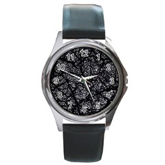 Black And White Dark Abstract Texture Print Round Metal Watch by dflcprintsclothing