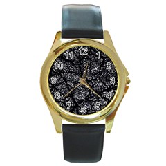 Black And White Dark Abstract Texture Print Round Gold Metal Watch by dflcprintsclothing