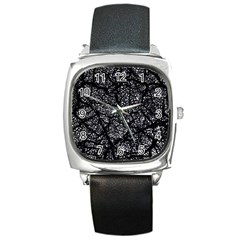 Black And White Dark Abstract Texture Print Square Metal Watch by dflcprintsclothing