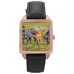 Cows At Countryside, Maldonado Department, Uruguay Rose Gold Leather Watch  by dflcprints