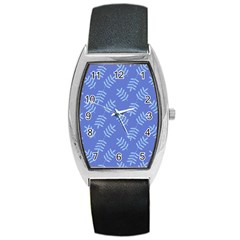 Leaves Ferns Blue Pattern Barrel Style Metal Watch by Vaneshart