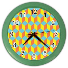 Cube Hexagon Pattern Yellow Blue Color Wall Clock by Vaneshart