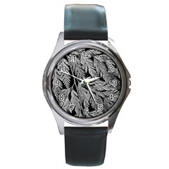 Fern Leaves Foliage Black And White Round Metal Watch by Vaneshart