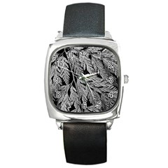 Fern Leaves Foliage Black And White Square Metal Watch by Vaneshart