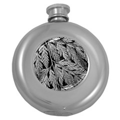 Fern Leaves Foliage Black And White Round Hip Flask (5 Oz) by Vaneshart