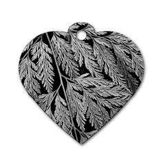 Fern Leaves Foliage Black And White Dog Tag Heart (one Side) by Vaneshart