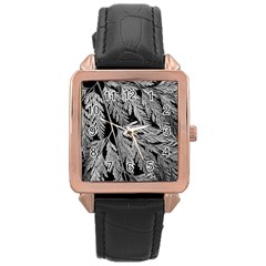 Fern Leaves Foliage Black And White Rose Gold Leather Watch  by Vaneshart