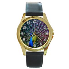 Peacock Colors Bird Colorful Round Gold Metal Watch