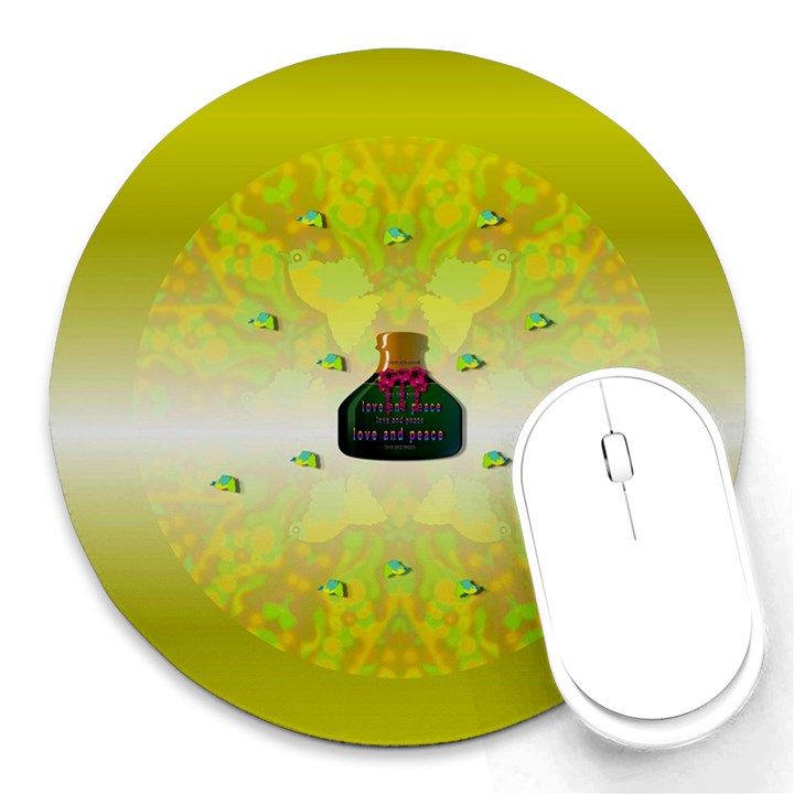 Birds And Sunshine With A Big Bottle Peace And Love Round Mousepads