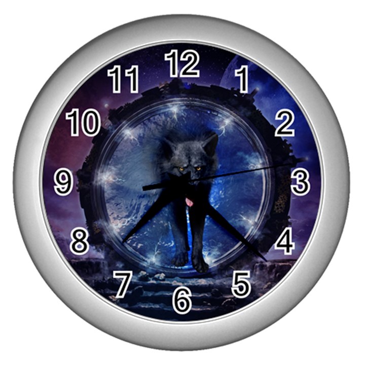 Awesome Wolf In The Gate Wall Clock (Silver)