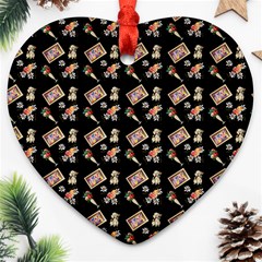 Robin Art Black Pattern Heart Ornament (two Sides) by snowwhitegirl