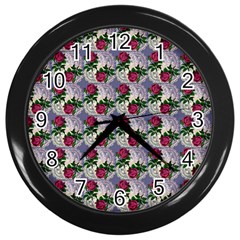 Doily Rose Pattern Blue Wall Clock (black) by snowwhitegirl