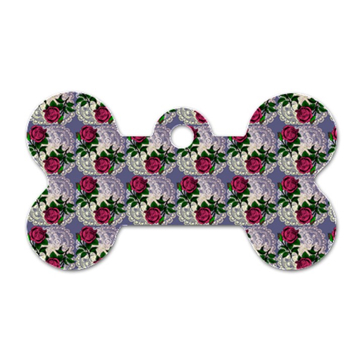 Doily Rose Pattern Blue Dog Tag Bone (One Side)