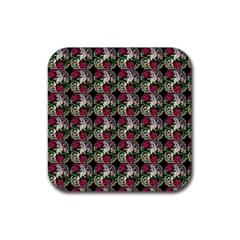 Doily Rose Pattern Black Rubber Coaster (square)  by snowwhitegirl