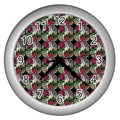 Doily Rose Pattern Black Wall Clock (silver)