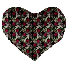 Doily Rose Pattern Black Large 19  Premium Flano Heart Shape Cushions by snowwhitegirl