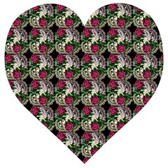 Doily Rose Pattern Black Wooden Puzzle Heart by snowwhitegirl