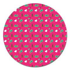 Green Elephant Pattern Hot Pink Magnet 5  (round)