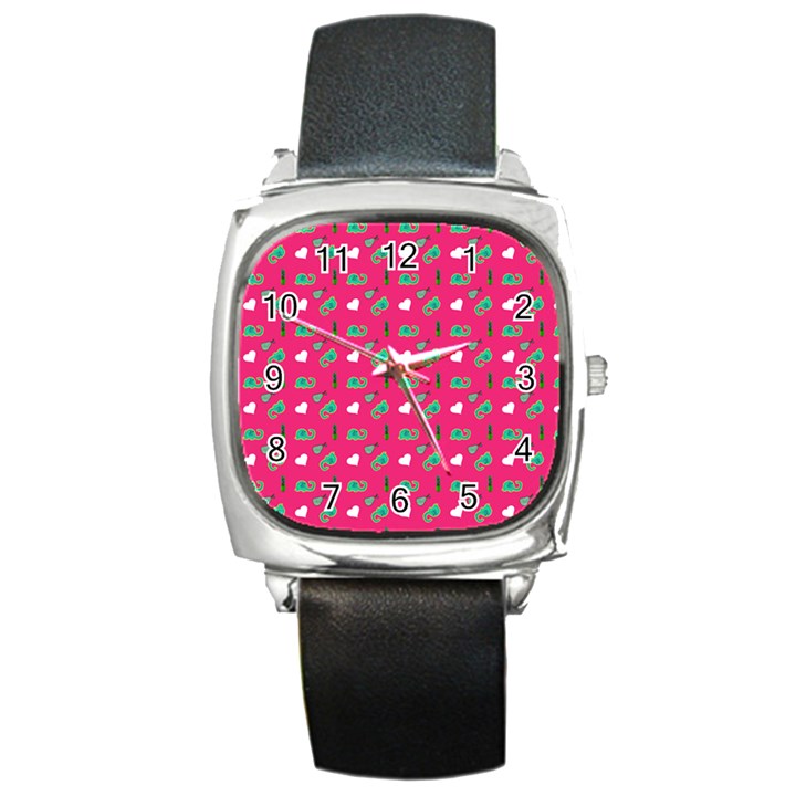 Green Elephant Pattern Hot Pink Square Metal Watch