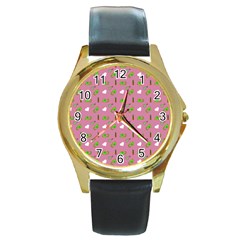 Green Elephant Pattern Mauve Round Gold Metal Watch