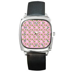 Green Elephant Pattern Pink Square Metal Watch by snowwhitegirl