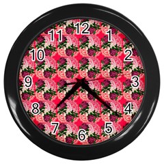 Doily Rose Pattern Watermelon Pink Wall Clock (black) by snowwhitegirl