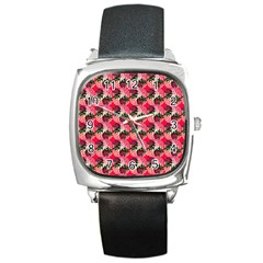 Doily Rose Pattern Watermelon Pink Square Metal Watch by snowwhitegirl