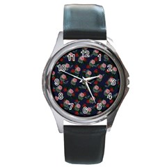 Dark Floral Butterfly Blue Round Metal Watch by snowwhitegirl