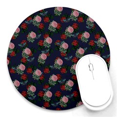 Dark Floral Butterfly Blue Round Mousepads