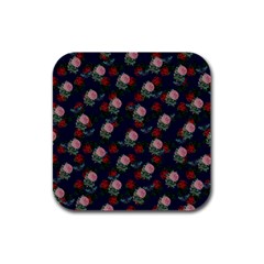 Dark Floral Butterfly Blue Rubber Square Coaster (4 pack) 