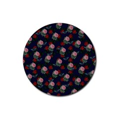 Dark Floral Butterfly Blue Rubber Coaster (Round) 