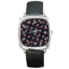 Dark Floral Butterfly Blue Square Metal Watch by snowwhitegirl