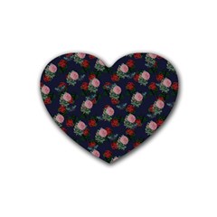 Dark Floral Butterfly Blue Rubber Coaster (Heart) 