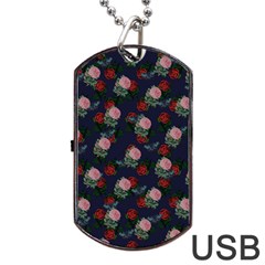 Dark Floral Butterfly Blue Dog Tag USB Flash (Two Sides)